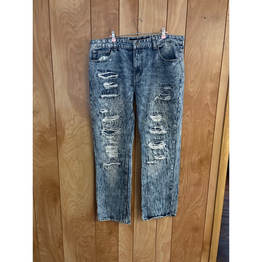 Brooklyn Xpress Mens Distressed Acid Wash Straight Leg Jeans 40x32 Blue Denim
